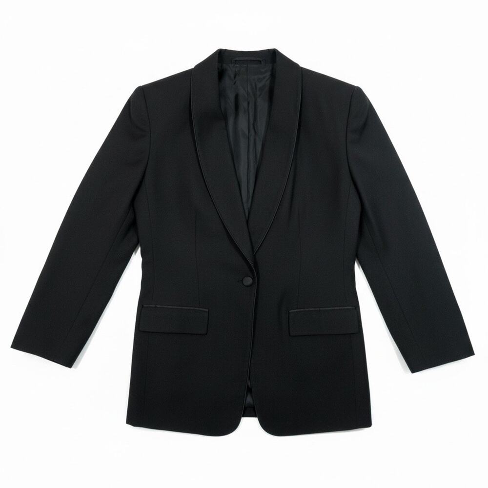 AKA Eddie Bauer Tailored Black Wool Blazer Satin Shawl Collar Single Button Sz 6